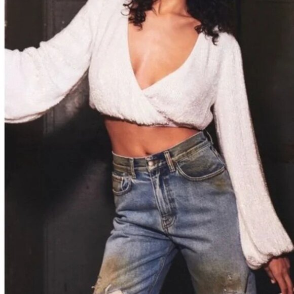 Retrofete Viva Moonglow White Sequin Wrap Top - Picture 3 of 16